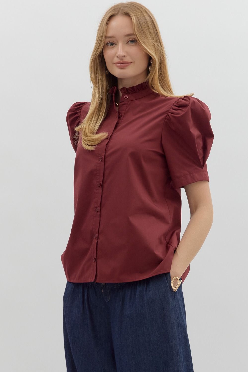 Solid Button Puff Sleeve Ruffle Trim Top | Burgundy