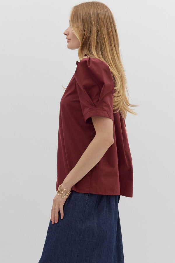 Solid Button Puff Sleeve Ruffle Trim Top | Burgundy