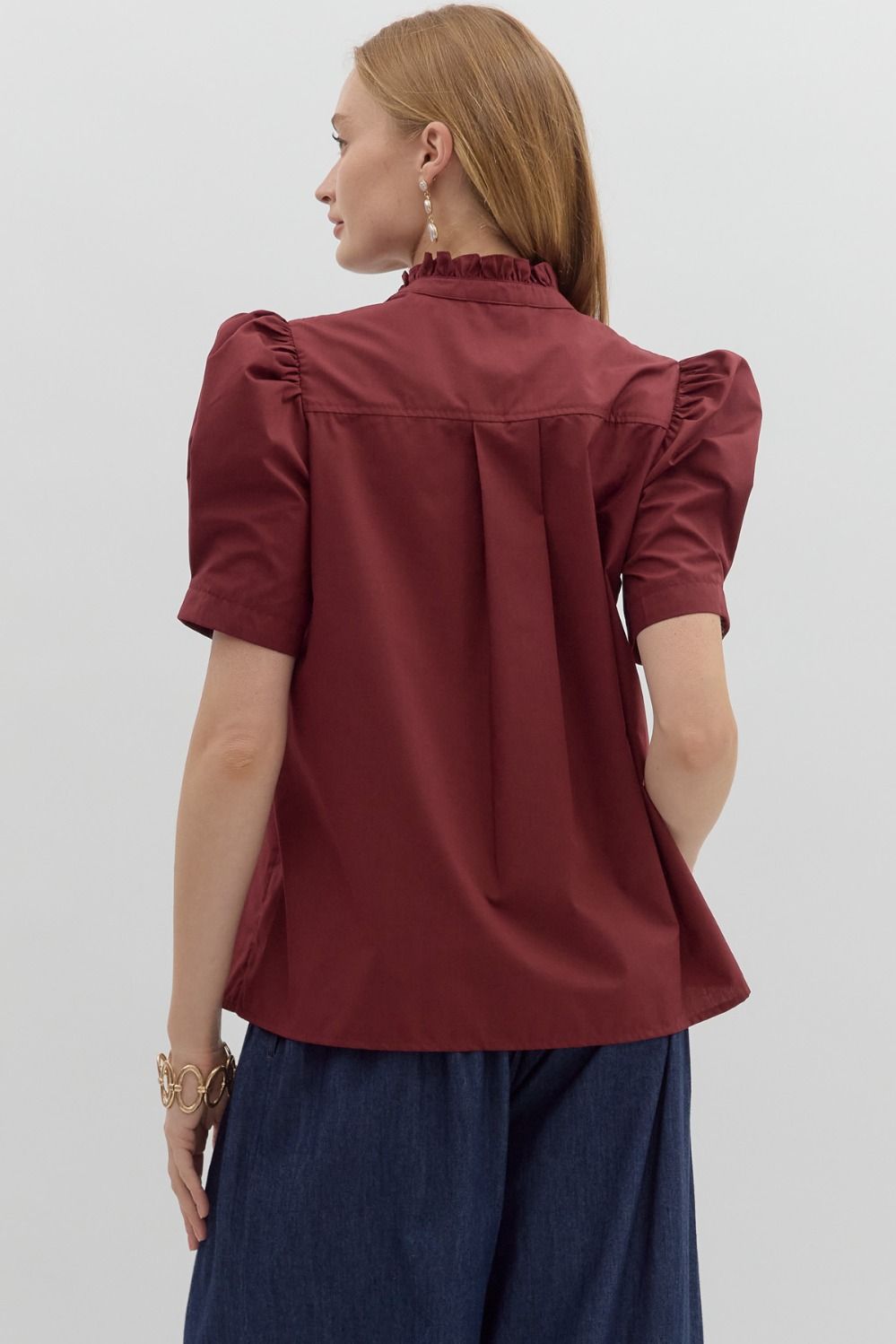 Solid Button Puff Sleeve Ruffle Trim Top | Burgundy