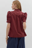 Solid Button Puff Sleeve Ruffle Trim Top | Burgundy