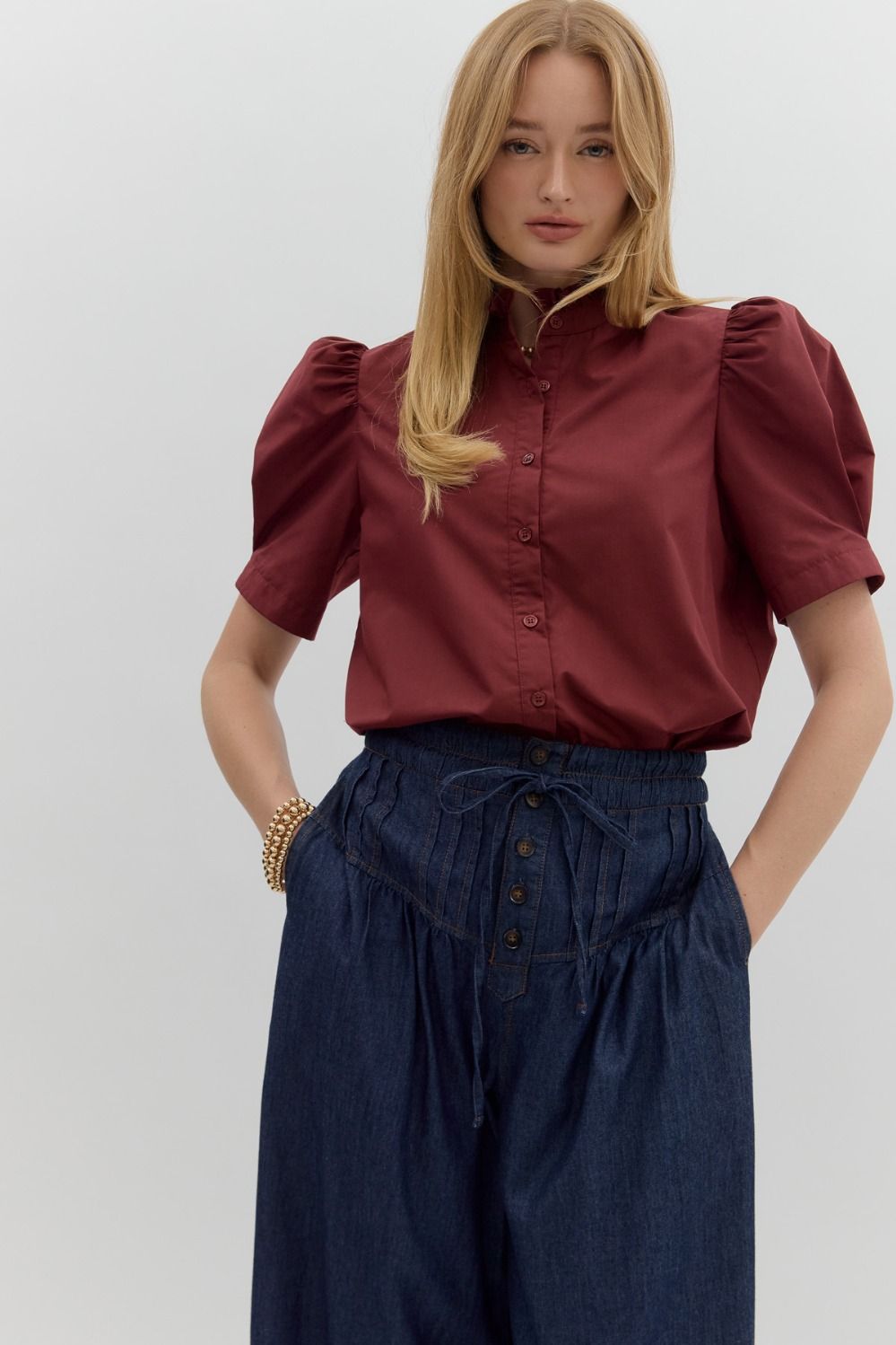 Solid Button Puff Sleeve Ruffle Trim Top | Burgundy