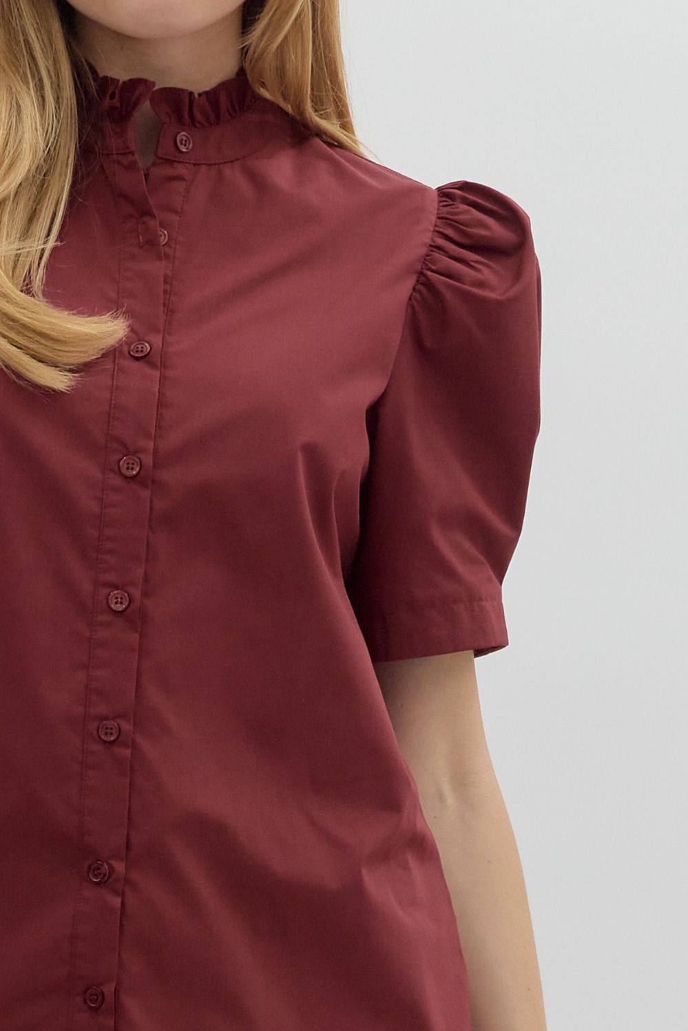 Solid Button Puff Sleeve Ruffle Trim Top | Burgundy