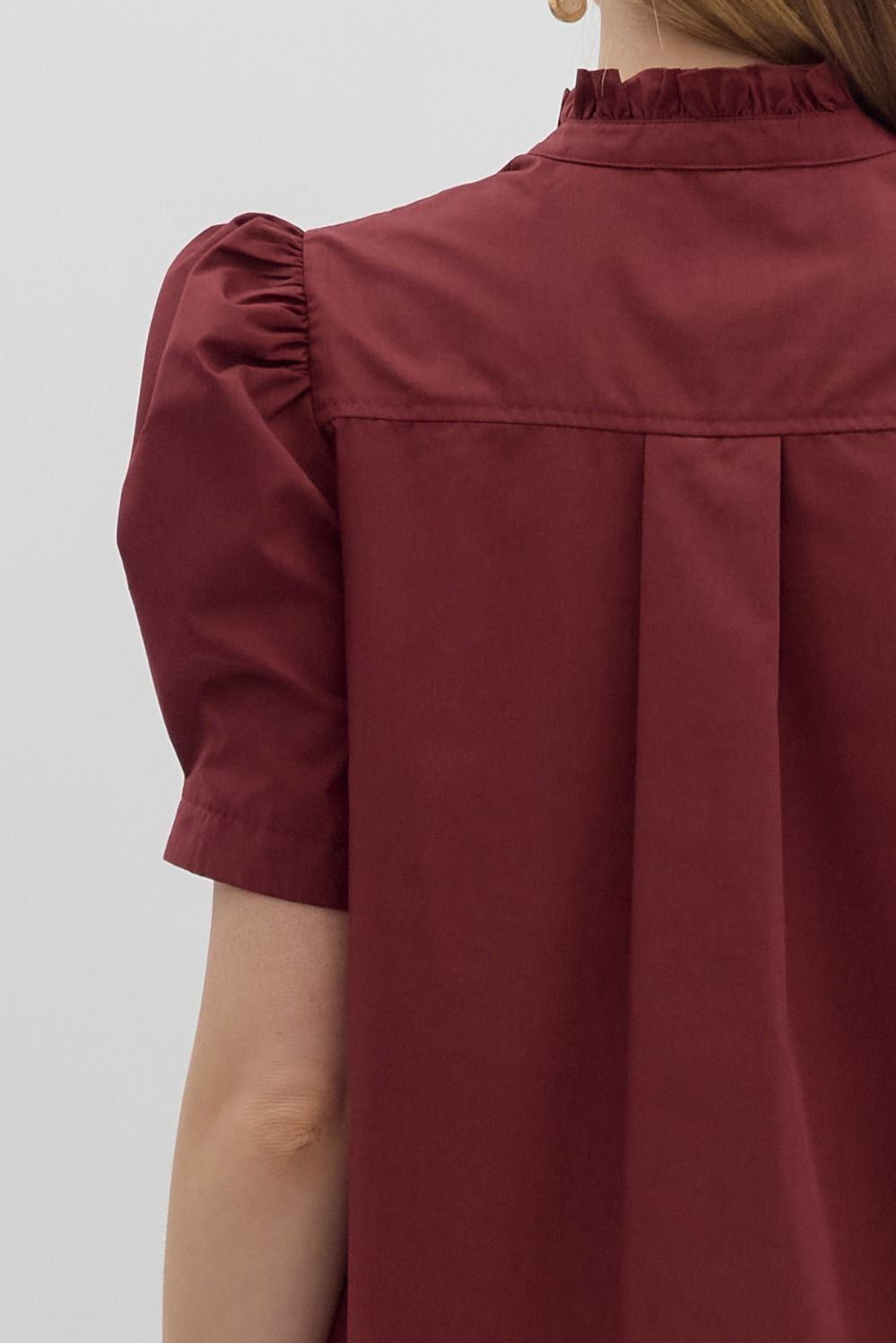 Solid Button Puff Sleeve Ruffle Trim Top | Burgundy