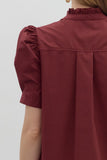 Solid Button Puff Sleeve Ruffle Trim Top | Burgundy
