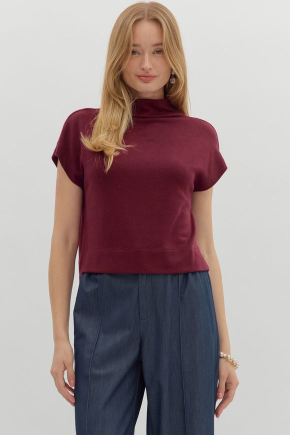 Solid Knit Mock Neck Top | Wine
