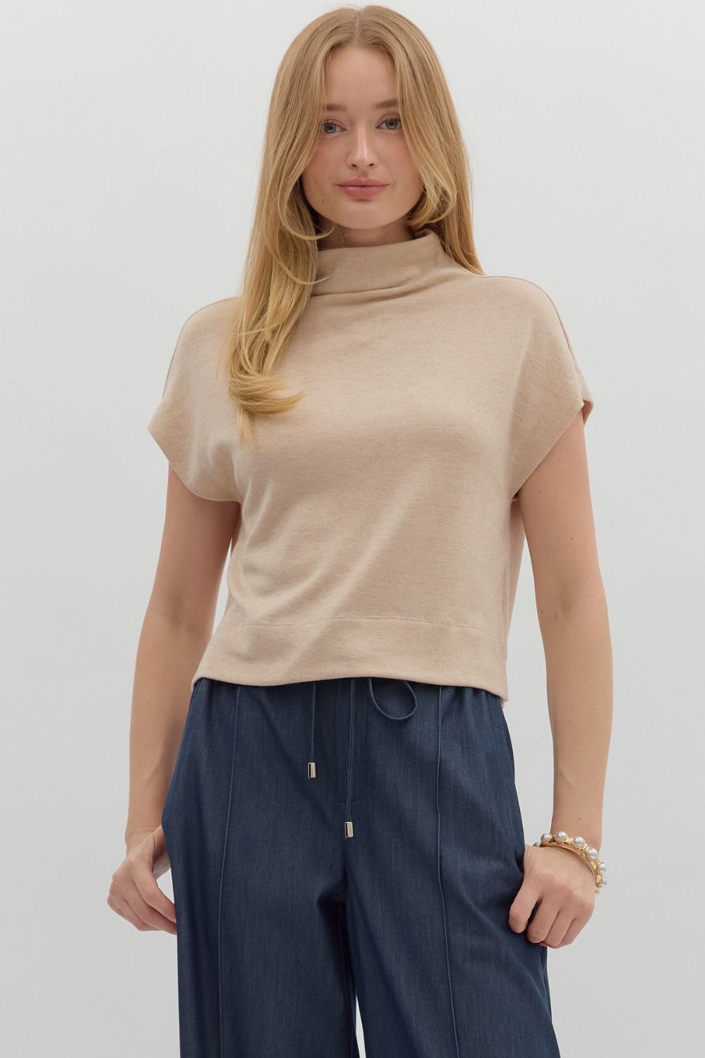 Solid Knit Mock Neck Top | Oatmeal