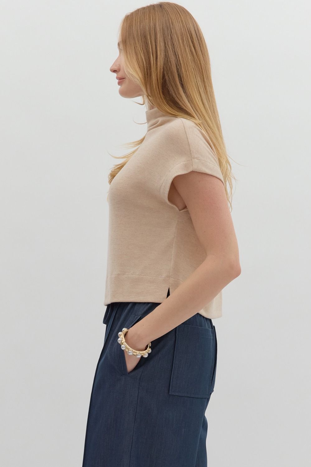 Solid Knit Mock Neck Top | Oatmeal