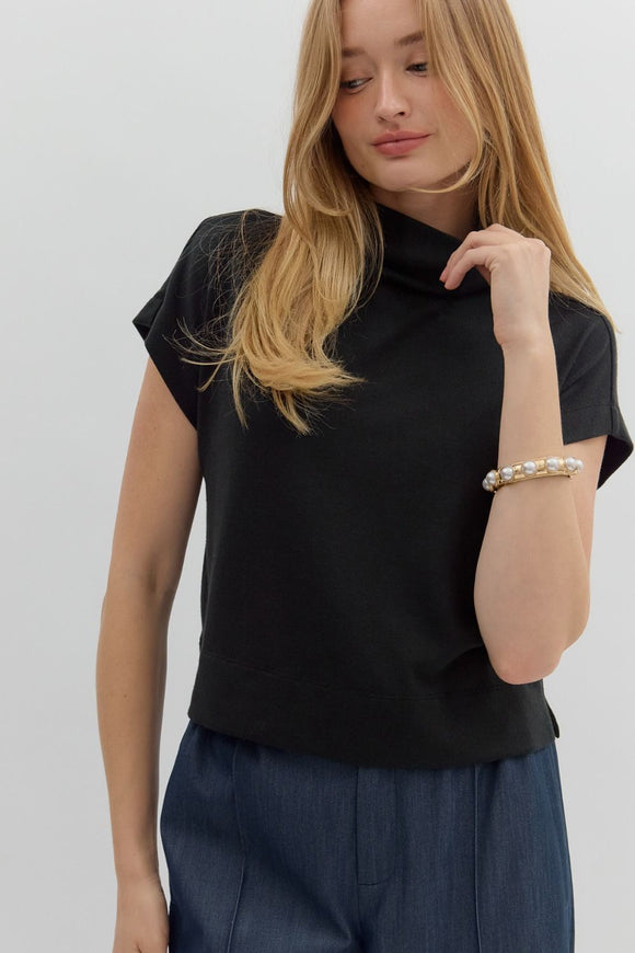 Solid Knit Mock Neck Top | Black