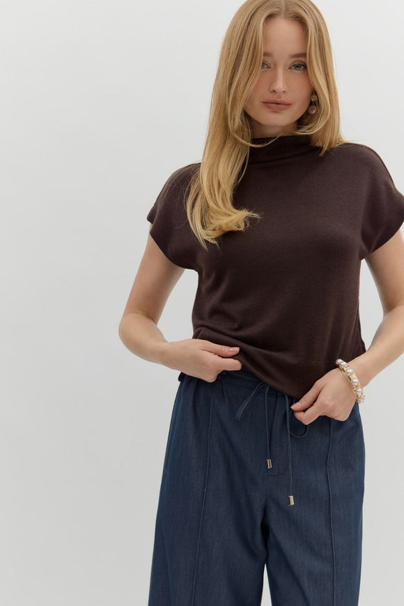 Solid Knit Mock Neck Top | Brown