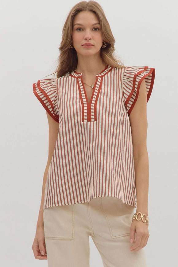Stripe Flutter Sleeve Top | Rust