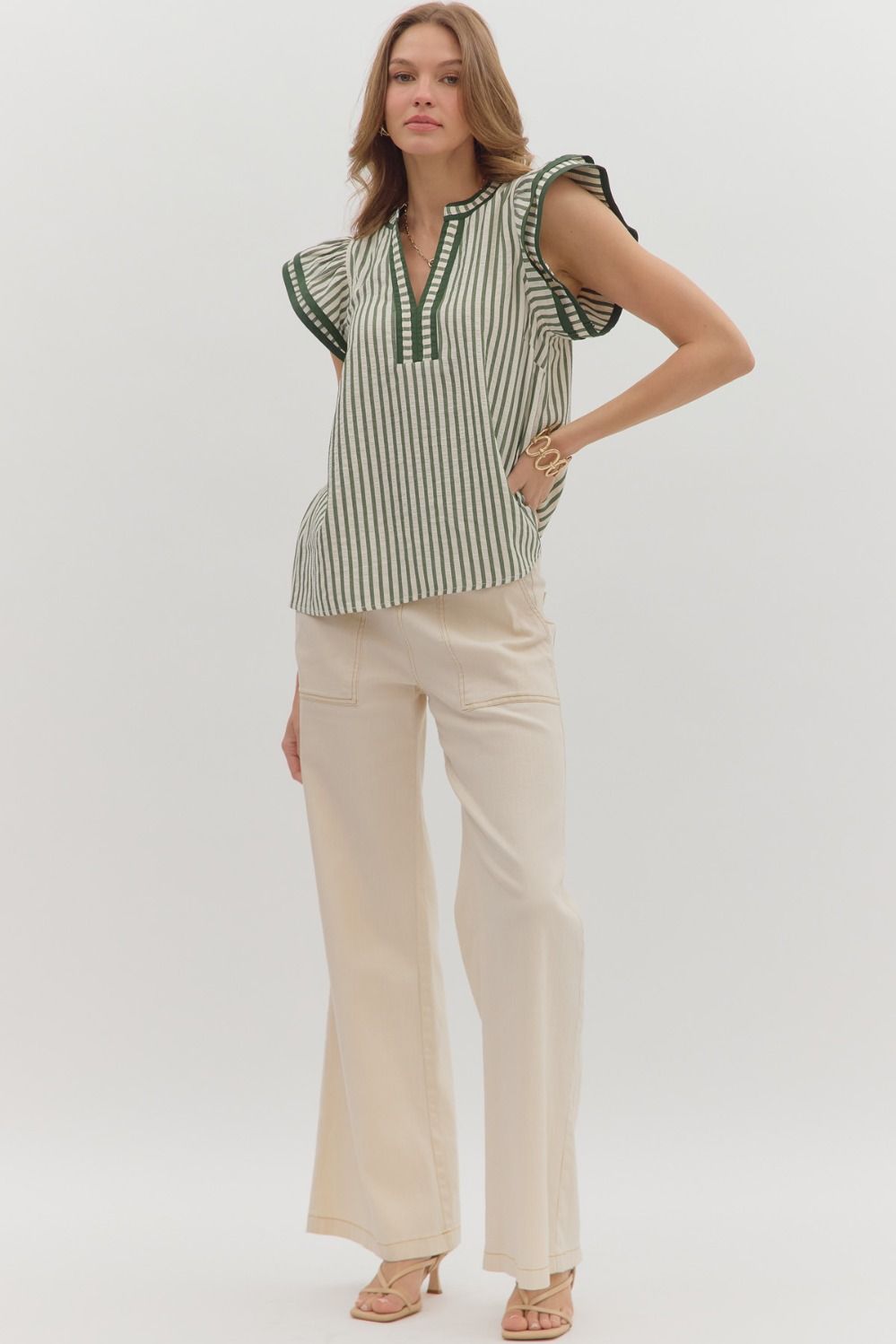 Stripe Flutter Sleeve Top | Pine