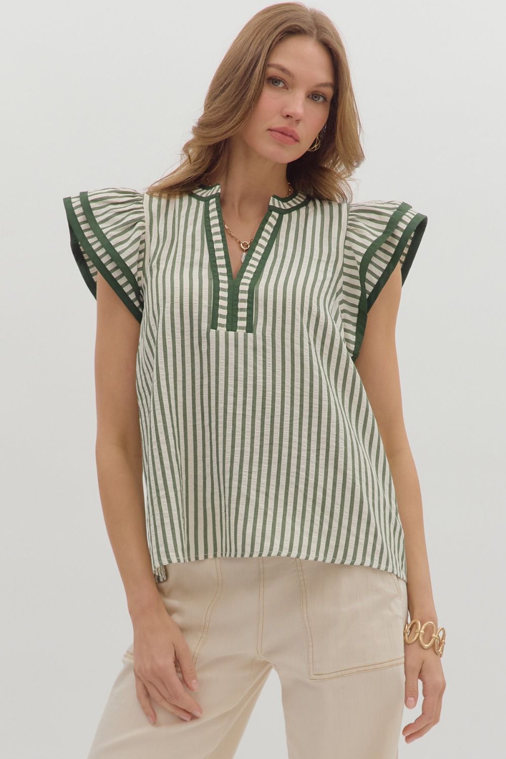 Stripe Flutter Sleeve Top | Pine