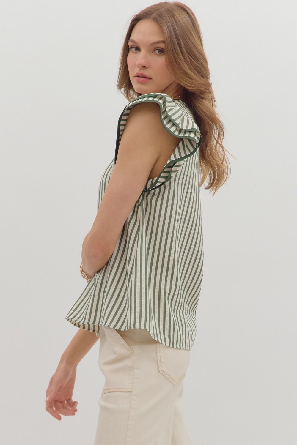 Stripe Flutter Sleeve Top | Pine