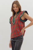 Plaid Flutter Sleeve Top | Red