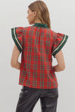 Plaid Flutter Sleeve Top | Red
