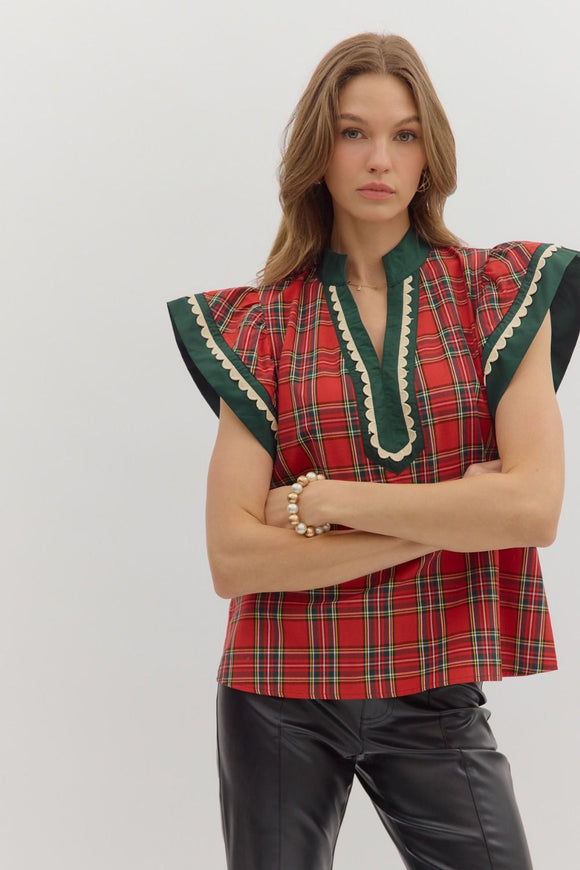 Plaid Flutter Sleeve Top | Red