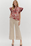 Floral Flutter Sleeve Lace Detail Trim Top | Burgundy