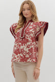 Floral Flutter Sleeve Lace Detail Trim Top | Burgundy