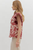 Floral Flutter Sleeve Lace Detail Trim Top | Burgundy