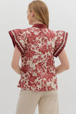 Floral Flutter Sleeve Lace Detail Trim Top | Burgundy