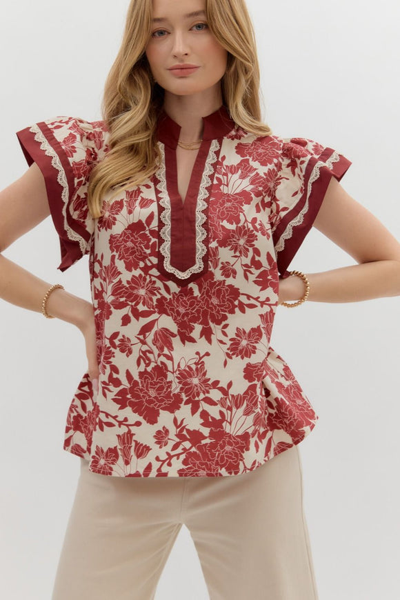 Floral Flutter Sleeve Lace Detail Trim Top | Burgundy