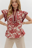 Floral Flutter Sleeve Lace Detail Trim Top | Burgundy