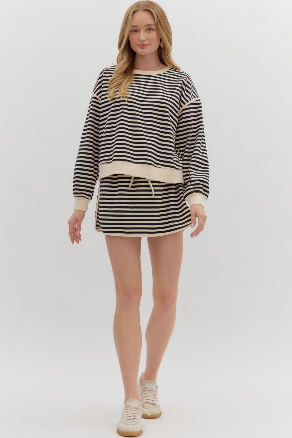French Terry Striped 2pc Sweater + Skort Set | Black