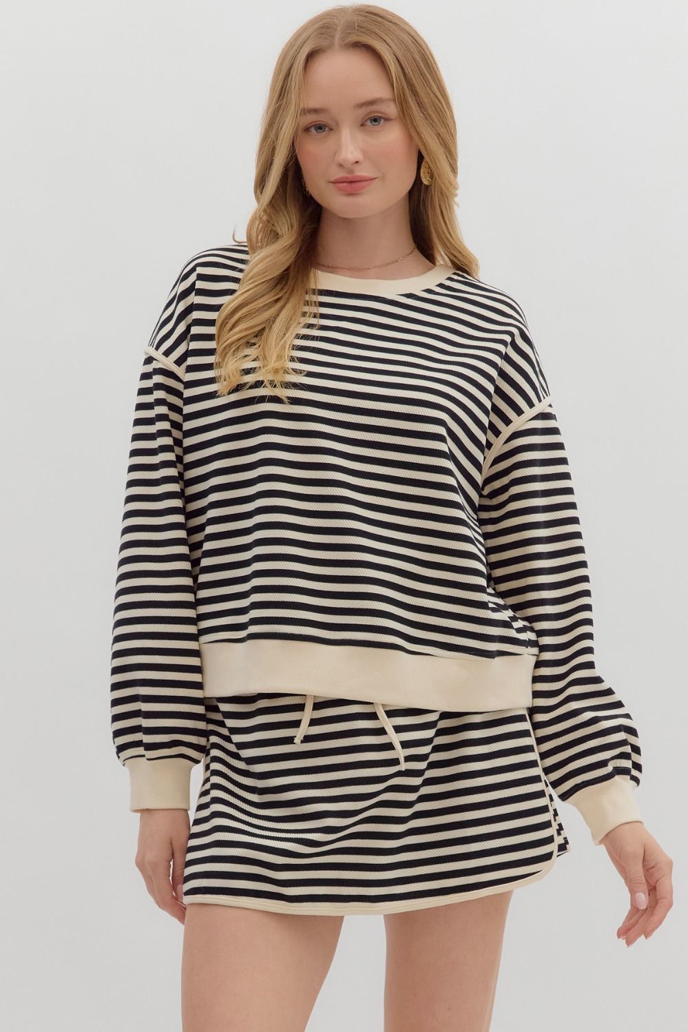 French Terry Striped 2pc Sweater + Skort Set | Black