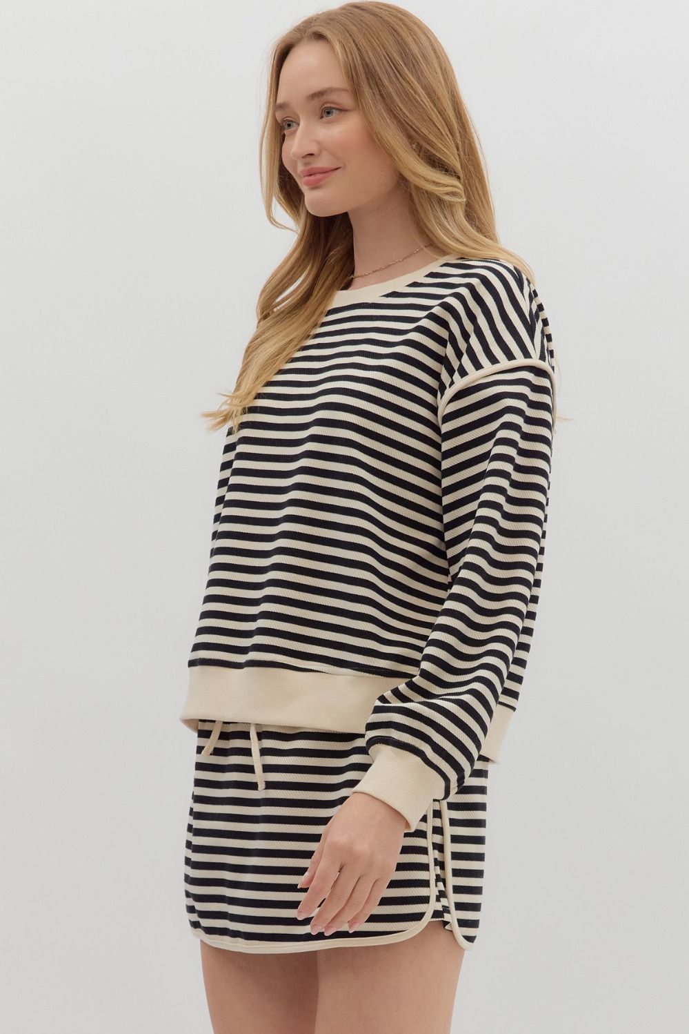 French Terry Striped 2pc Sweater + Skort Set | Black