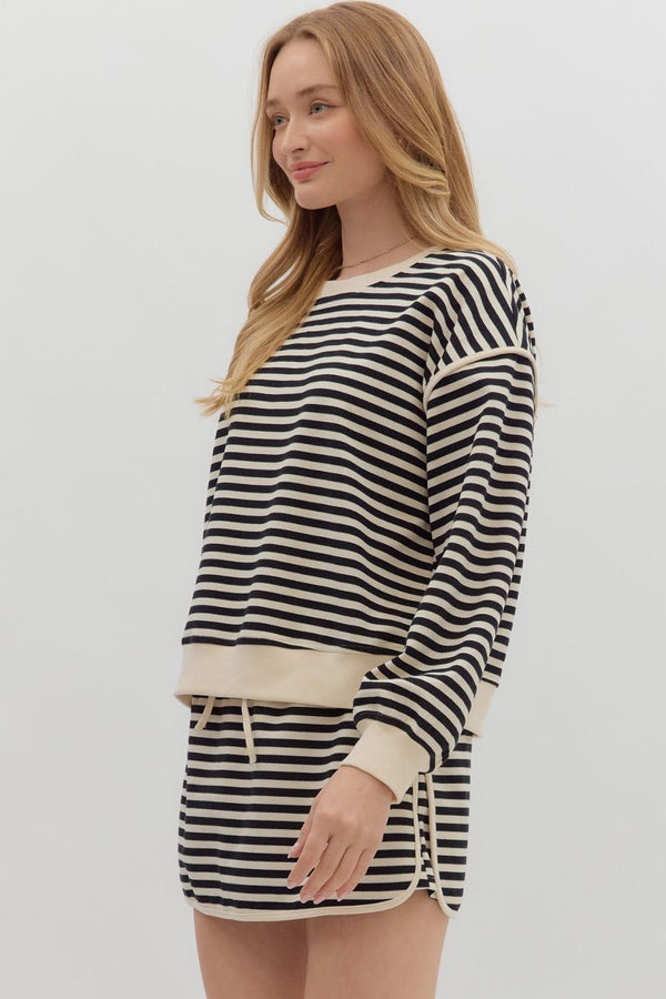 French Terry Striped 2pc Sweater + Skort Set | Black