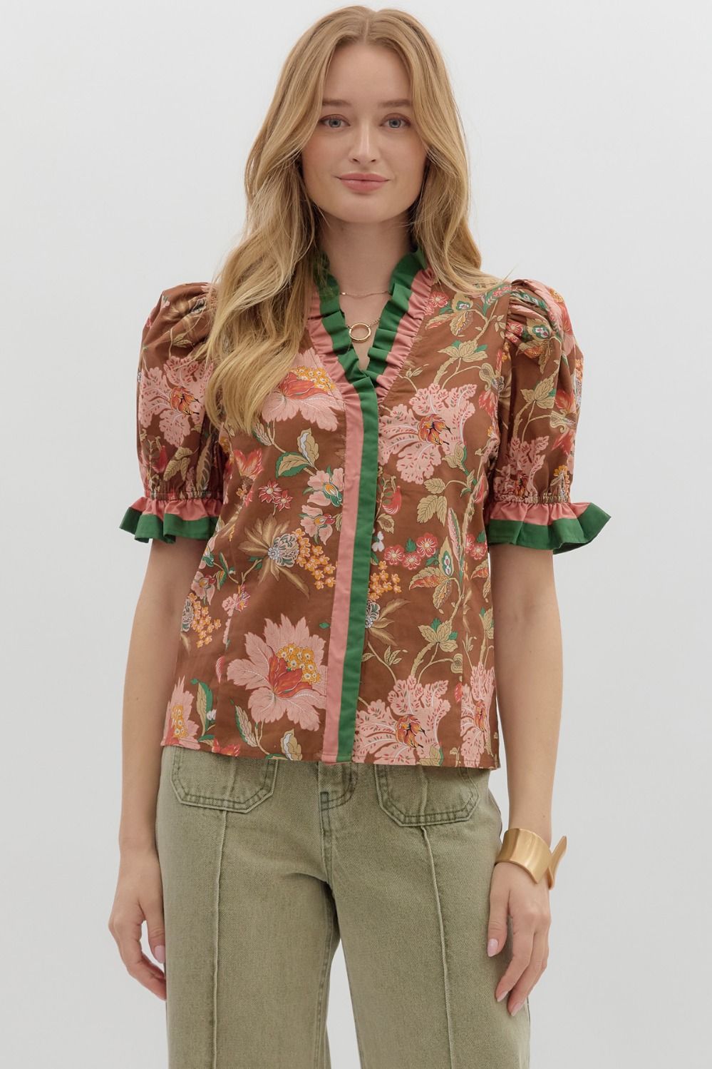Floral Ruffle Detailed Top | Brown