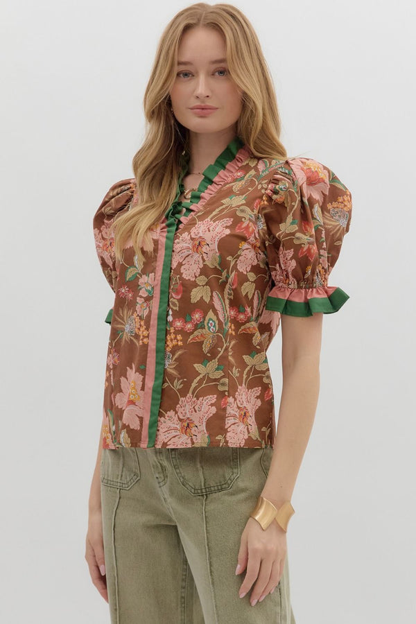 Floral Ruffle Detailed Top | Brown