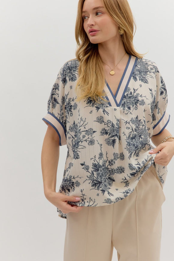 Floral Oversized Boxy Top | Blue Grey
