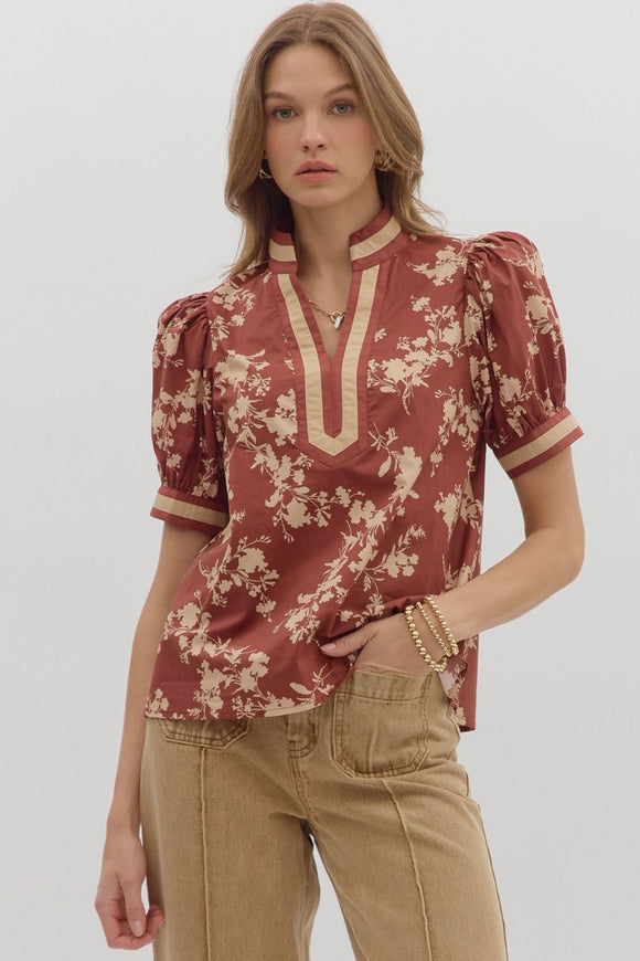Floral Puff Sleeve Top | Red Bean