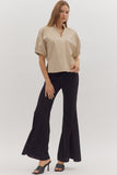 Faux Leather Split Neck Top | Ecru