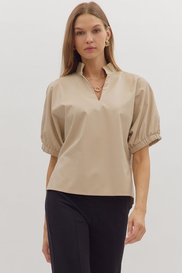 Faux Leather Split Neck Top | Ecru