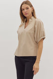 Faux Leather Split Neck Top | Ecru