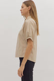 Faux Leather Split Neck Top | Ecru