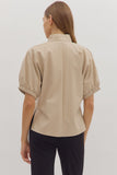 Faux Leather Split Neck Top | Ecru