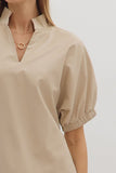 Faux Leather Split Neck Top | Ecru