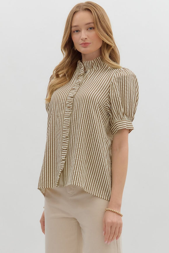 Ruffle Accent Stripe Puff Sleeve Top | Brown