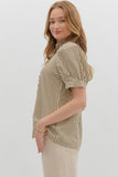 Ruffle Accent Stripe Puff Sleeve Top | Brown