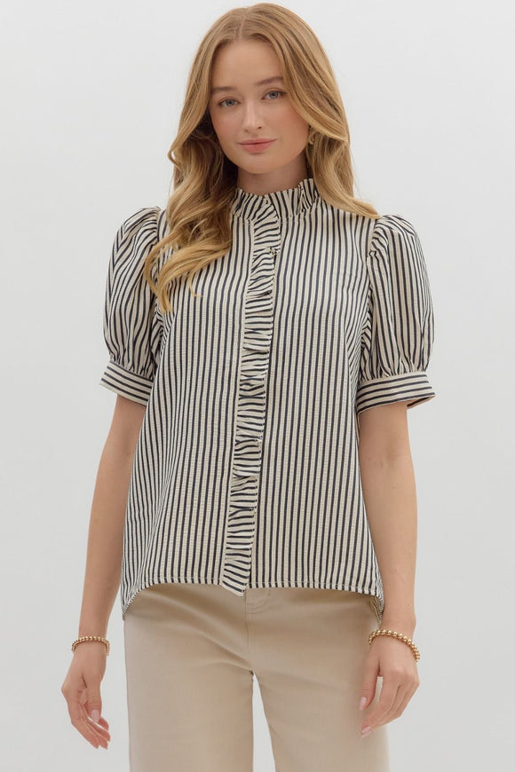 Ruffle Accent Stripe Puff Sleeve Top | Black