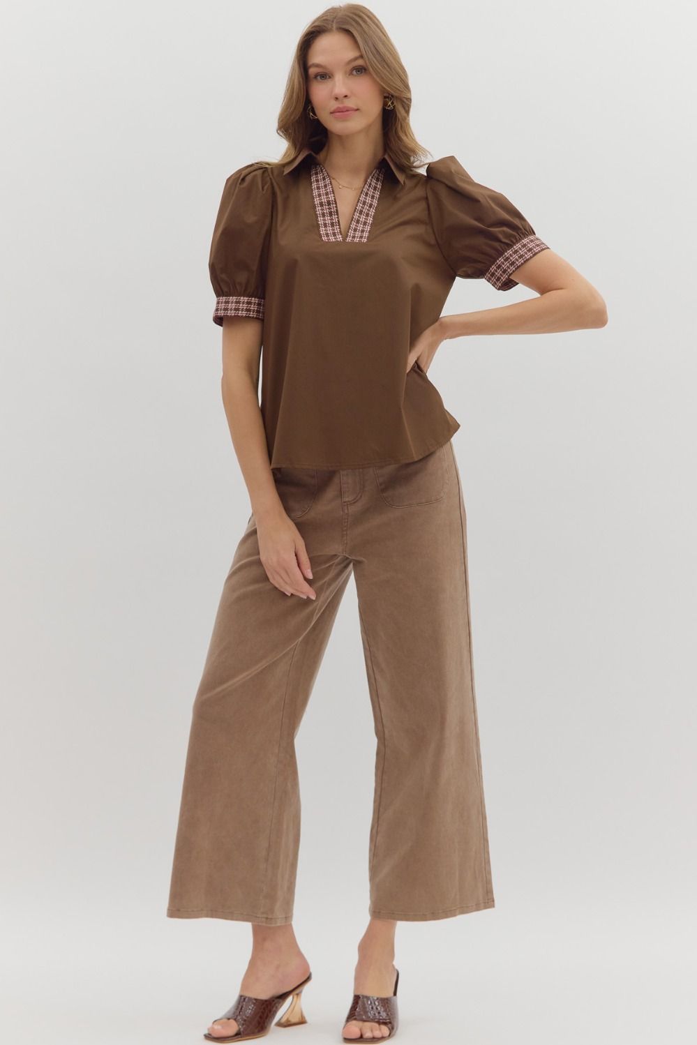 Contrast Band Trim Puff Sleeve Top | Brown