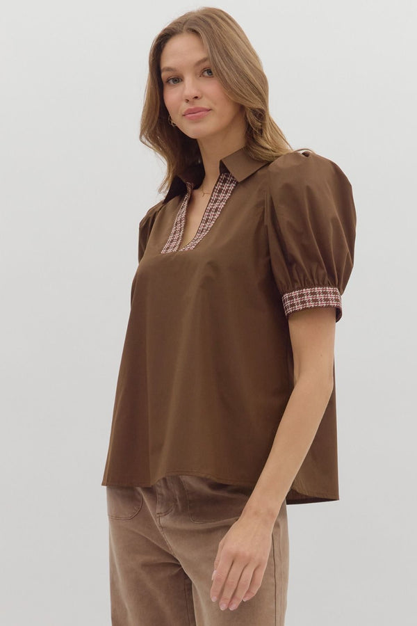 Contrast Band Trim Puff Sleeve Top | Brown