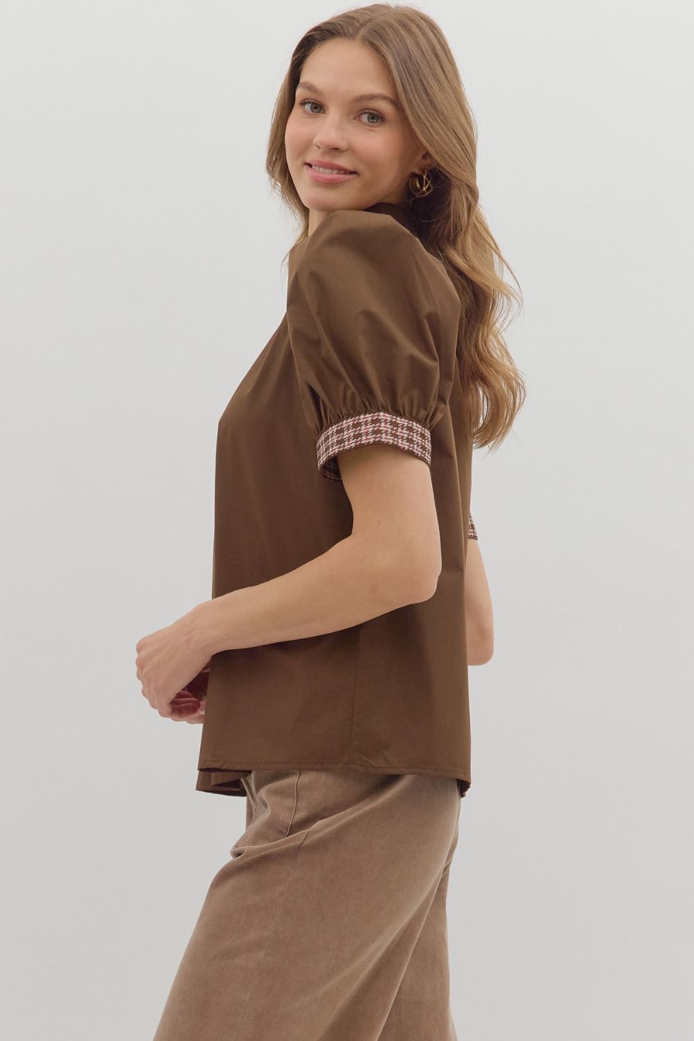 Contrast Band Trim Puff Sleeve Top | Brown