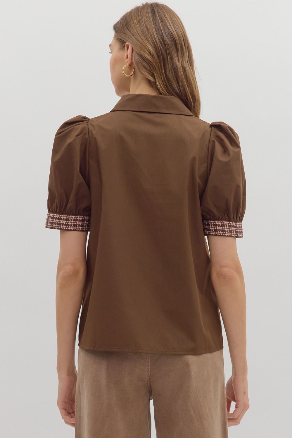 Contrast Band Trim Puff Sleeve Top | Brown