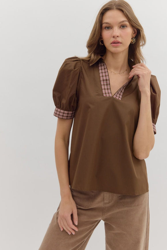 Contrast Band Trim Puff Sleeve Top | Brown