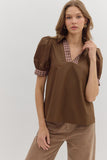 Contrast Band Trim Puff Sleeve Top | Brown