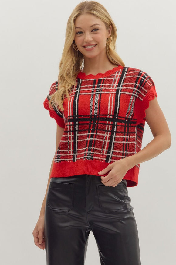 Plaid Sweater Knit Top | Red